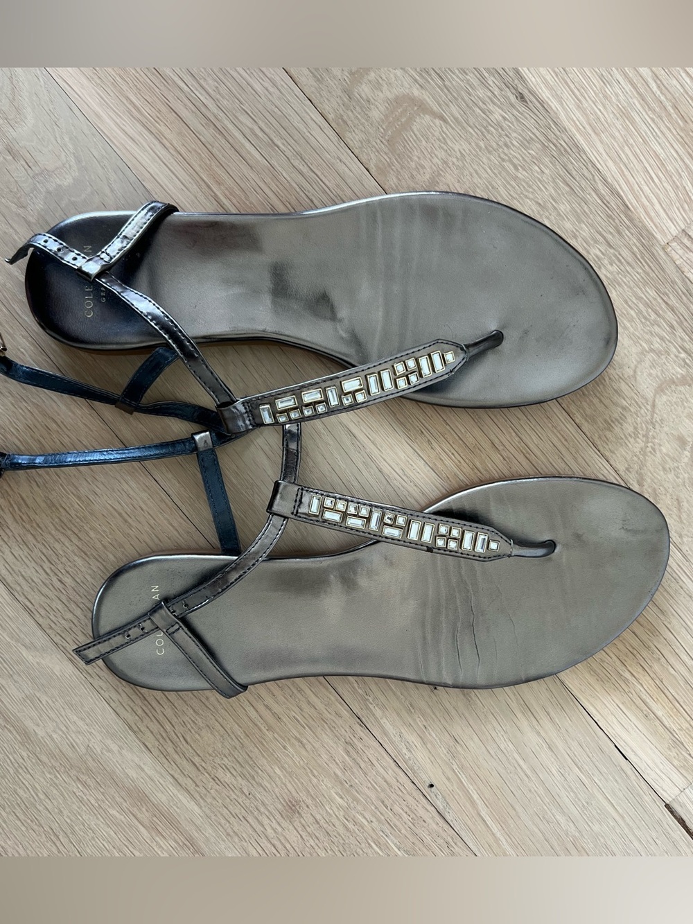 Cole Haan Metallic Pewter T-Strap Sandals with Gem Accents